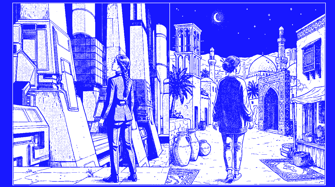 Two-panel illustration: a woman in a suit facing a futuristic city, and a woman walking through a Middle Eastern town at night