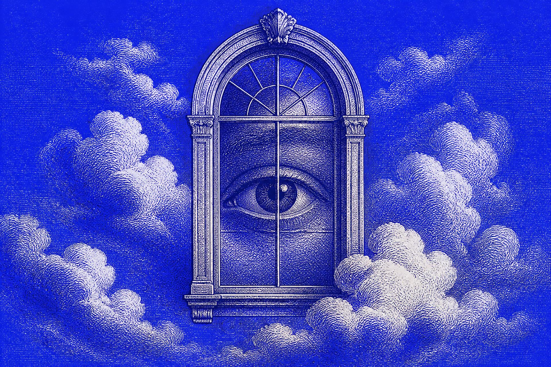 Engraving of an arched window among clouds, an eye gazing through the glass
